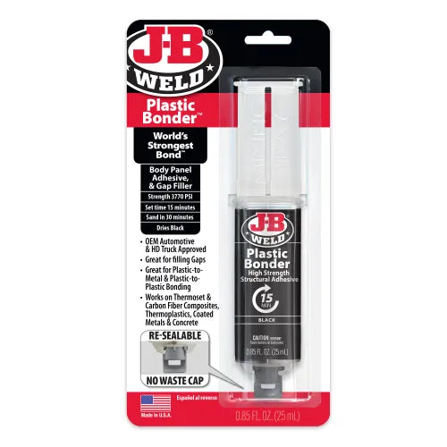 J-B Weld Plastic Bonder™ Syringe - 25 ml works on thermoset, carbon fiber composites, thermoplastics, coated metals, concrete & more. J-B Weld Plastic Bonder™ Syringe - 25 ml works on thermoset, carbon fiber composites, thermoplastics, coated metals, concrete & more.